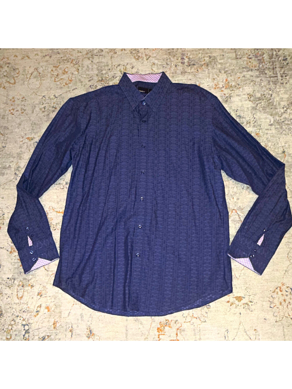 QUIETI Blue Men's L Geometric 100% Cotton Long Sleeve Point Dress Shirt A331